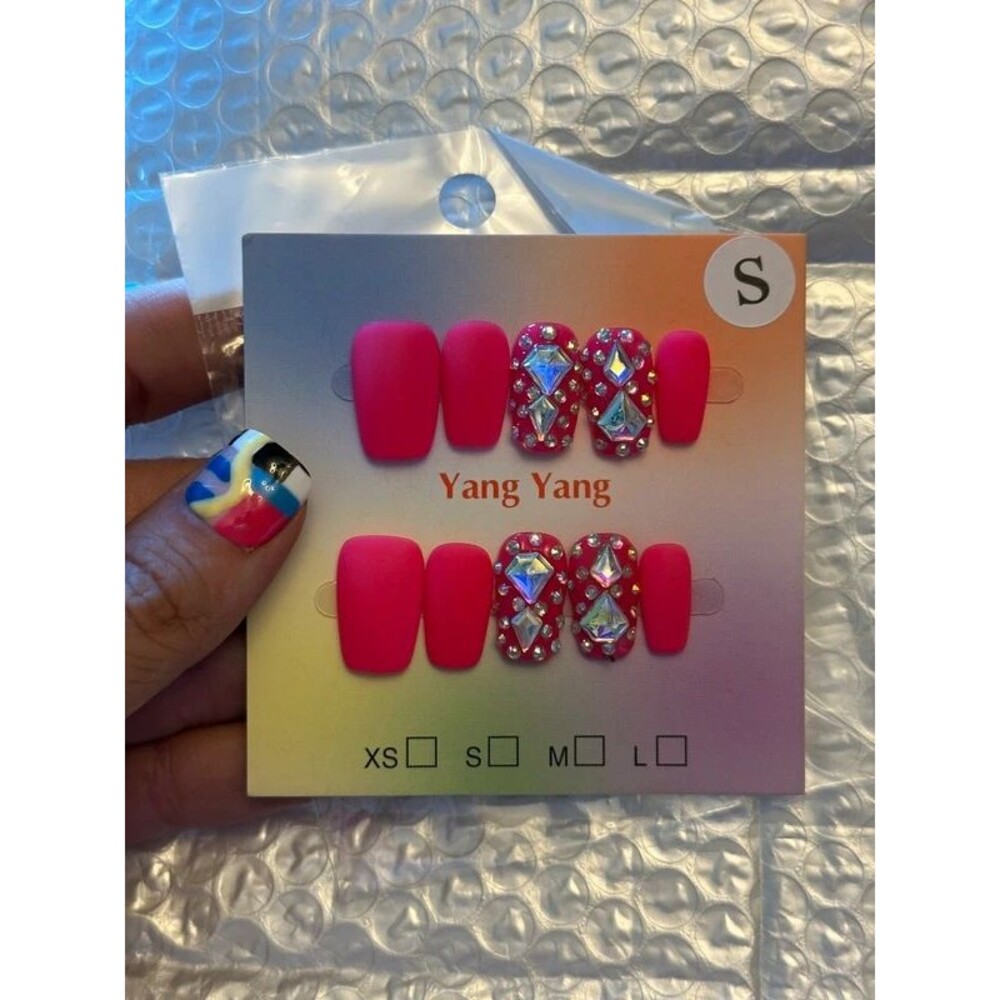 Matte Hot Pink Full Rhinestone Short Square Press On Nails Size Small